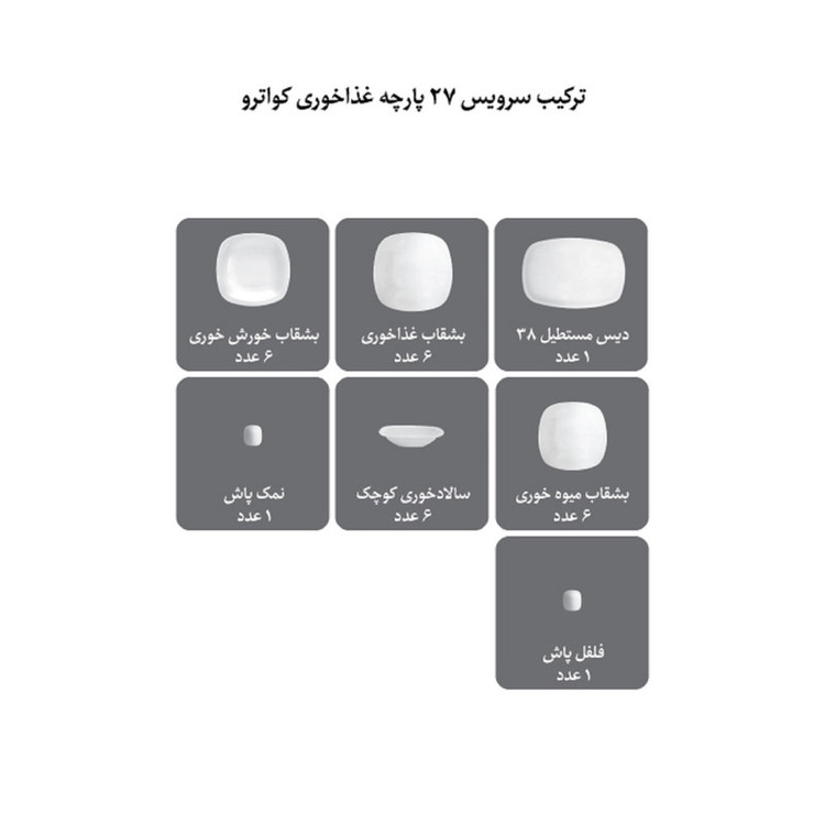 سرویس غذاخوری 27 پارچه 6 نفر چینی زرین ایران مدل کواترو آرتین درجه یک
